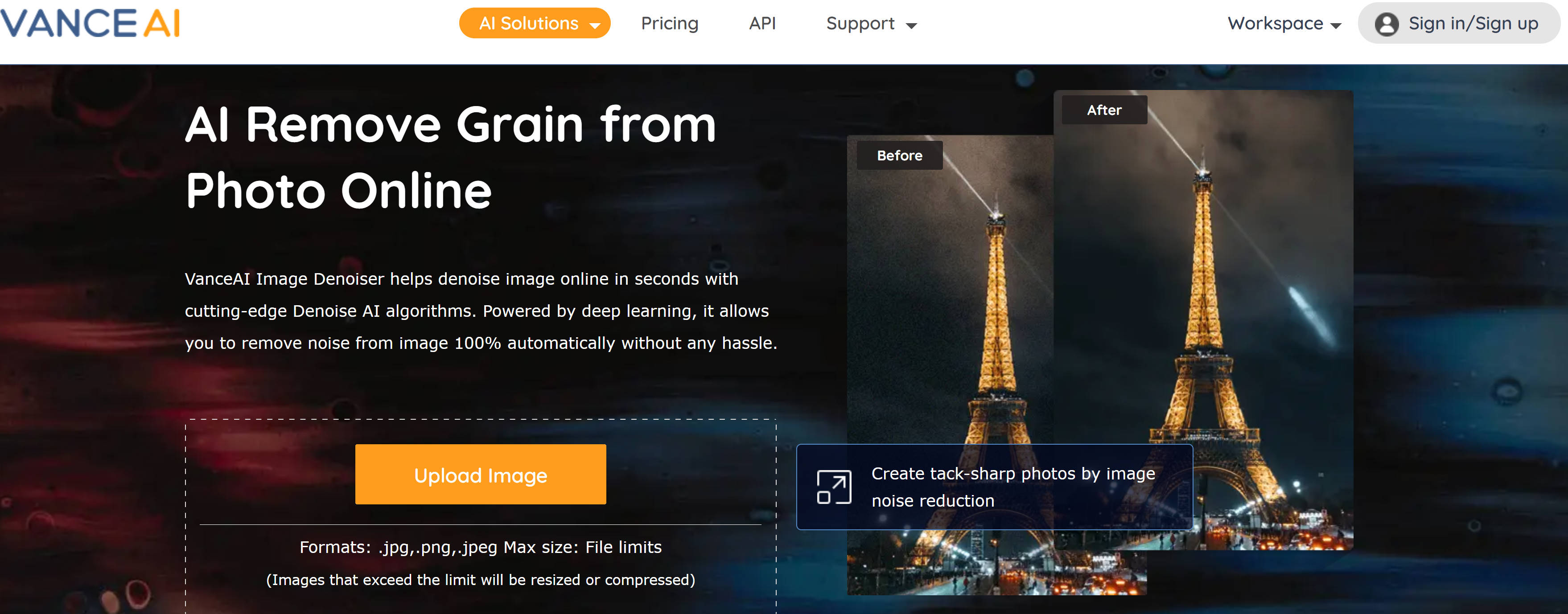 the homepage of VanceAI Image Denoiser